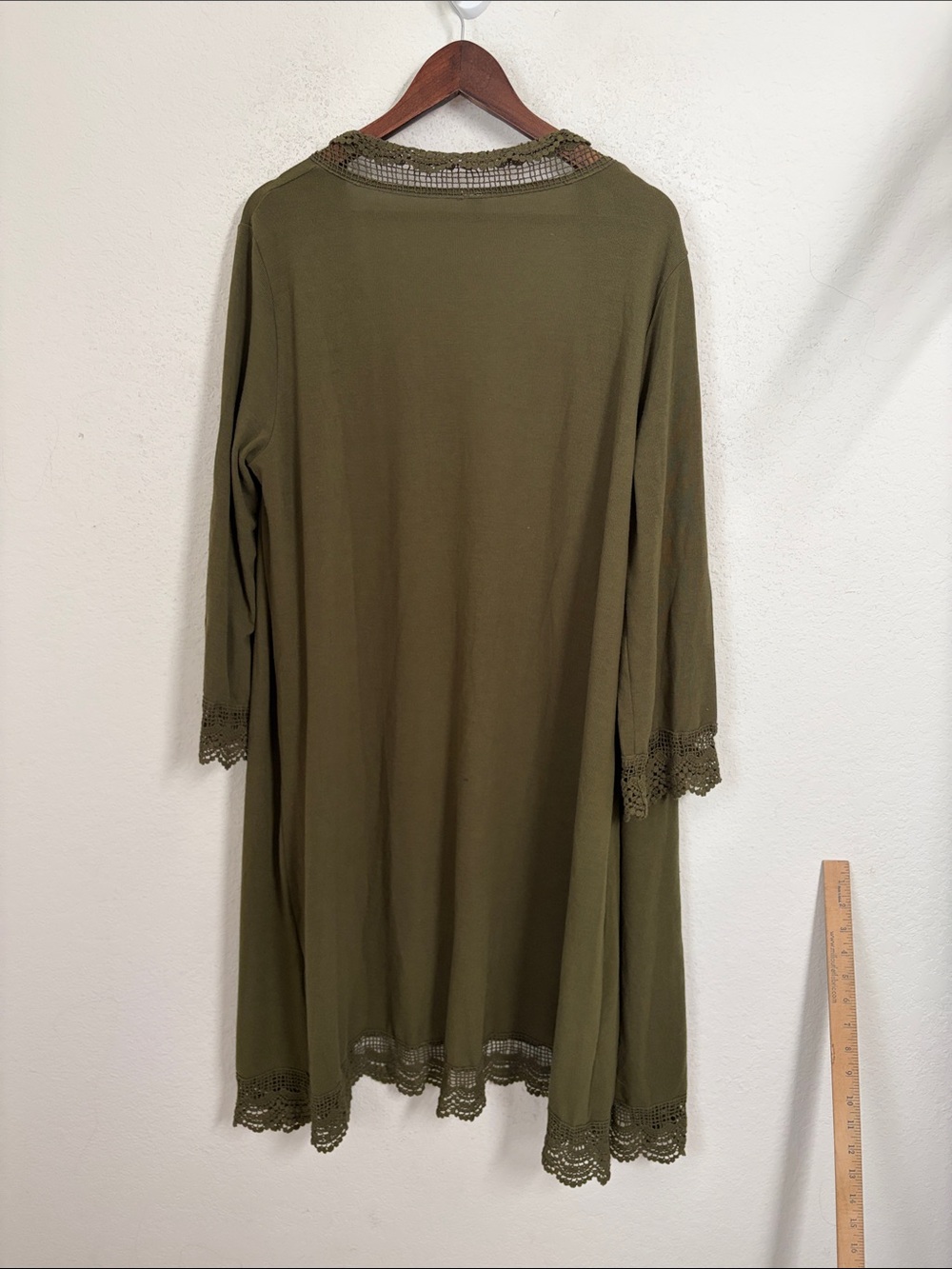 Tickled Teal Olive Green Lace Trim Long Duster Cardigan Womens Size 1X Boho - Picture 7 of 7